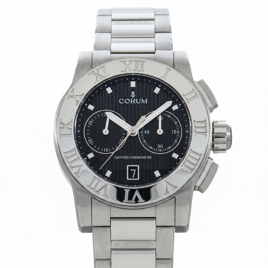 Ανδρικό Ρολόι Corum Romvlvs Chronograph Ασημί με Μαύρο Καντράν και Μεταλλικό Μπρασελέ