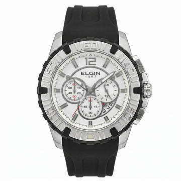 Ανδρικό Ρολόι Elgin Chronograph Silver Tone με Μαύρο Rubber Λουράκι