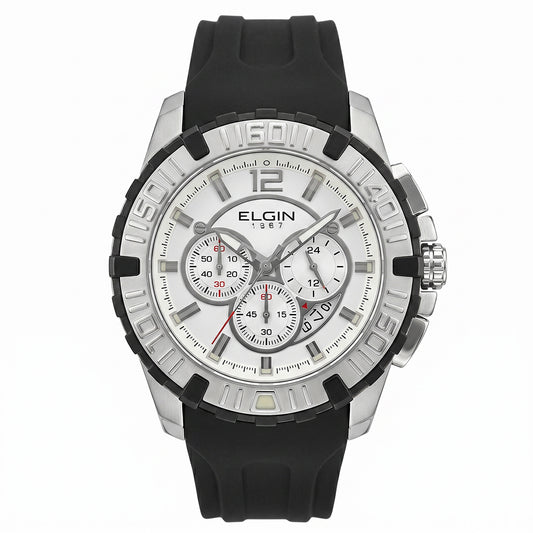 Ανδρικό Ρολόι Elgin Chronograph Silver Tone με Μαύρο Rubber Λουράκι
