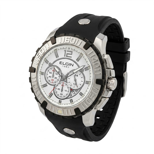 Ανδρικό Ρολόι Elgin Chronograph Silver Tone με Μαύρο Rubber Λουράκι