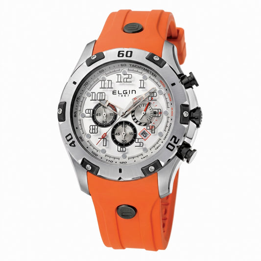 Ανδρικό Ρολόι Elgin Chronograph Ασημί με Πορτοκαλί Rubber Strap