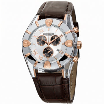 Ανδρικό Ρολόι Roberto Cavalli Chronograph Silver & Rose Gold με Καφέ Δερμάτινο Λουράκι