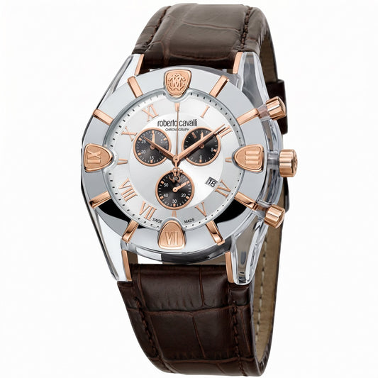 Ανδρικό Ρολόι Roberto Cavalli Chronograph Silver & Rose Gold με Καφέ Δερμάτινο Λουράκι