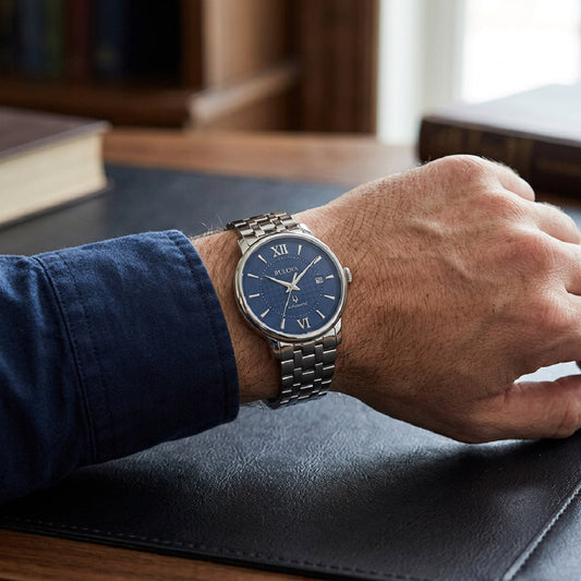 Ρολόι Ανδρικό Bulova Automatic Ασημί με Μπλε Καντράν 96B447