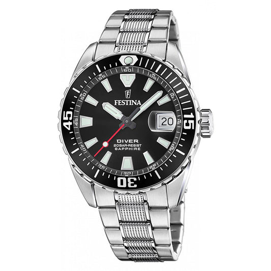 Ανδρικό Ρολόι Καταδυτικό Festina F20669 με Μαύρο Καντράν, Sapphire Κρύσταλλο & Ατσάλινο Μπρασελέ
