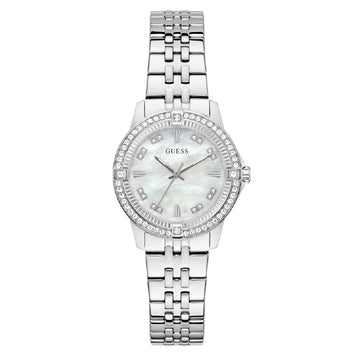 Γυναικείο Ρολόι Guess Silver Tone με Mother of Pearl Καντράν & Ζιργκόν