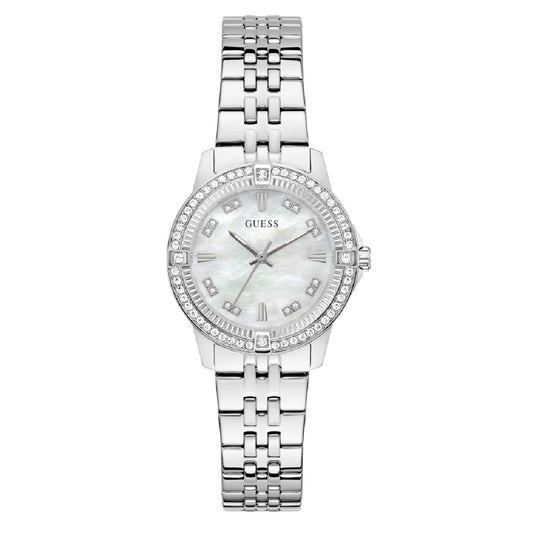 Γυναικείο Ρολόι Guess Silver Tone με Mother of Pearl Καντράν & Ζιργκόν