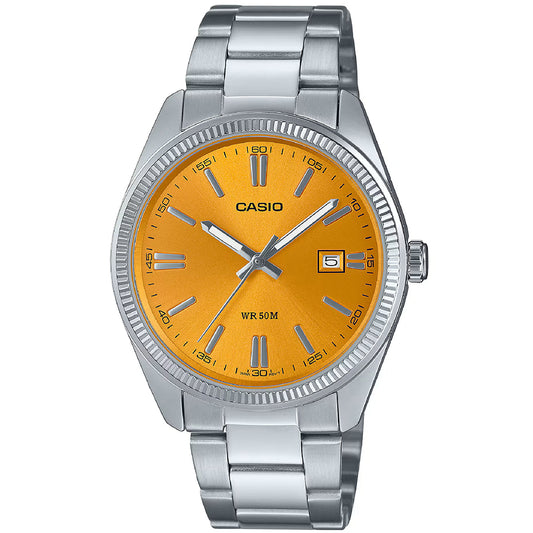 Ρολόι Ανδρικό Casio MTP-1302PD-9AV Ασημί με Πορτοκαλί Καντράν