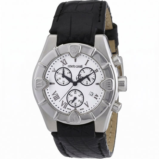 Ανδρικό Roberto Cavalli Swiss Made Chronograph Ρολόι με Μαύρο Δερμάτινο Λουράκι