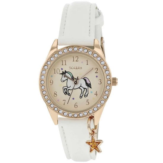 Tikkers Girls White PU Strap Unicorn Stone Watch TK0171